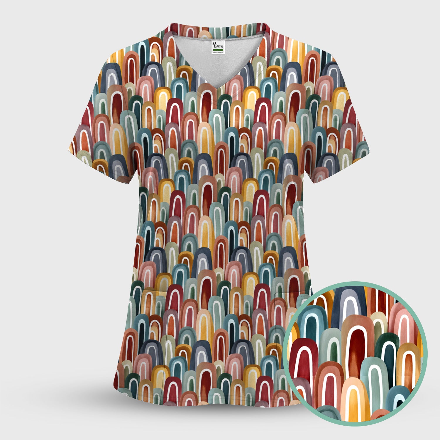 Retro Boho Rainbow Arch Pattern Scrub Top, Colorful Geometric Nursing Uniform for Women