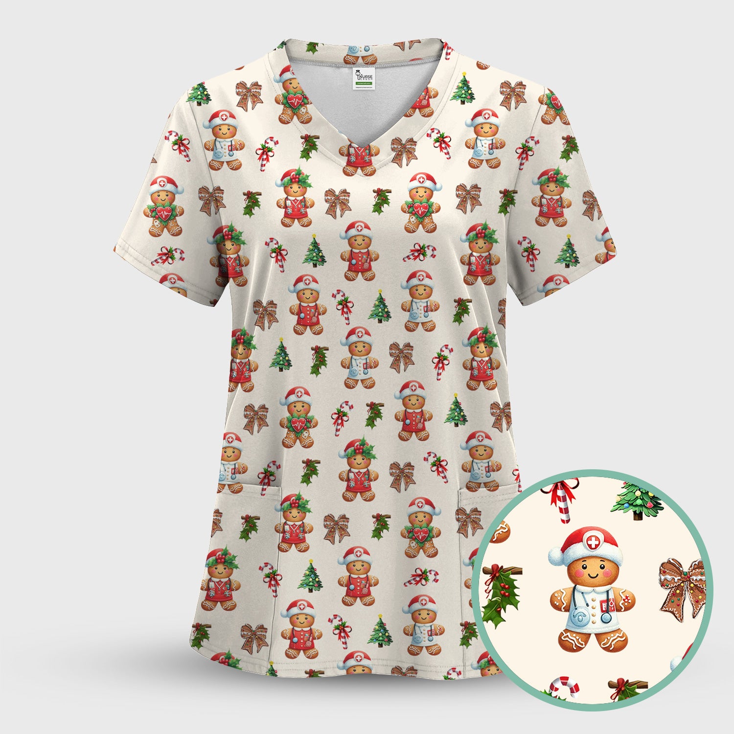 Funny Gingerbread Christmas Scrub Top - Cute Cookie with Bow Shirt - Festive Holiday Scrubs for Women