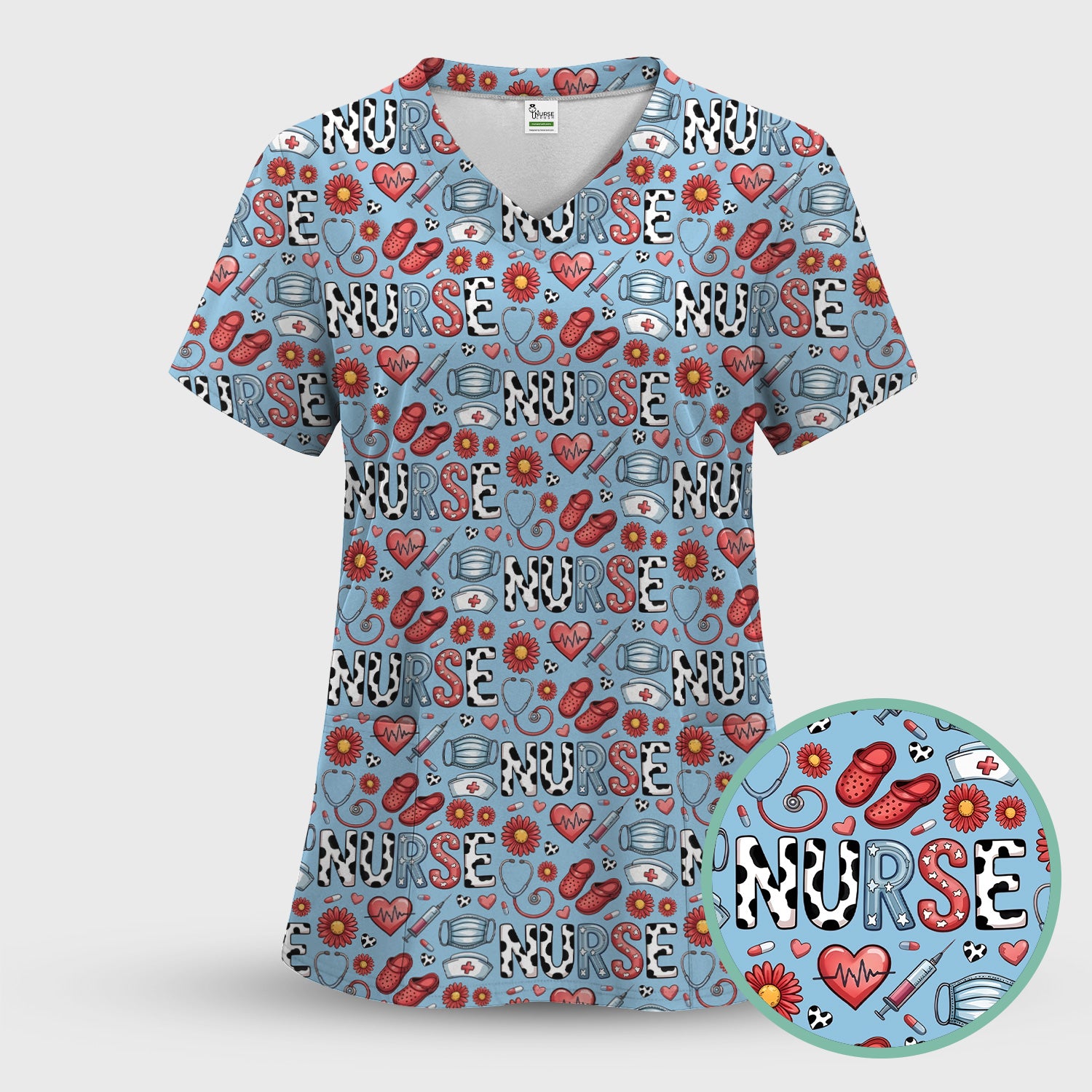 Cute Nurse Medical Icon Pattern Scrub Set, Scrub Pants and V Neck Top