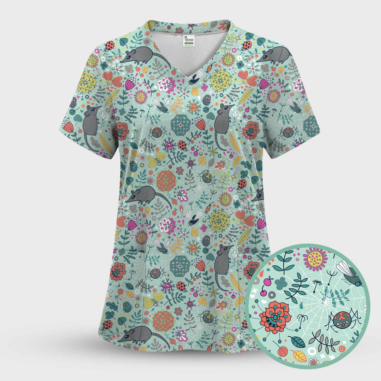 Woodland Mouse Floral Pattern Scrub Set, Breathable Med Uniform