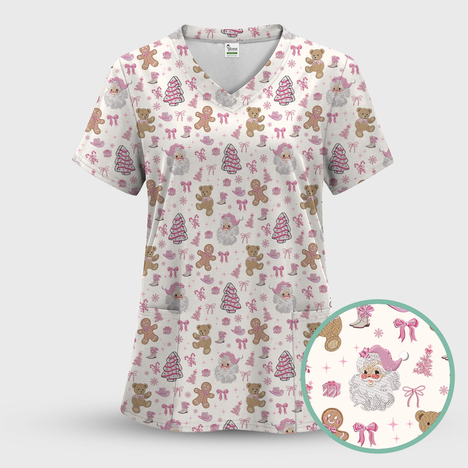 Pink Christmas Santa Gingerbread Scrub Top, Cute Holiday Medical Pattern Shirt, Breathable Fabrics Nursing Uniform