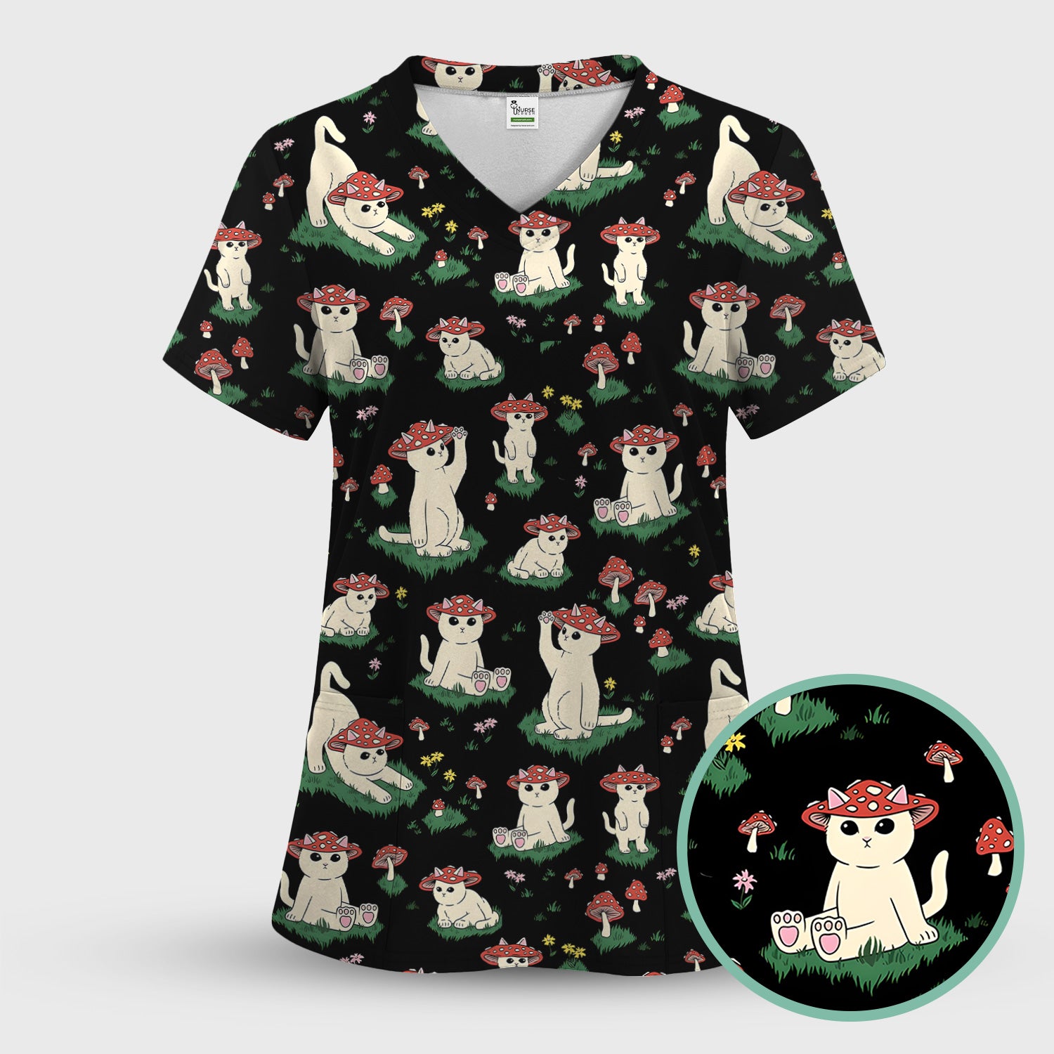 Cute Mushroom Cat Pattern Scrub Top, Comfortable Scrubs for Nurses