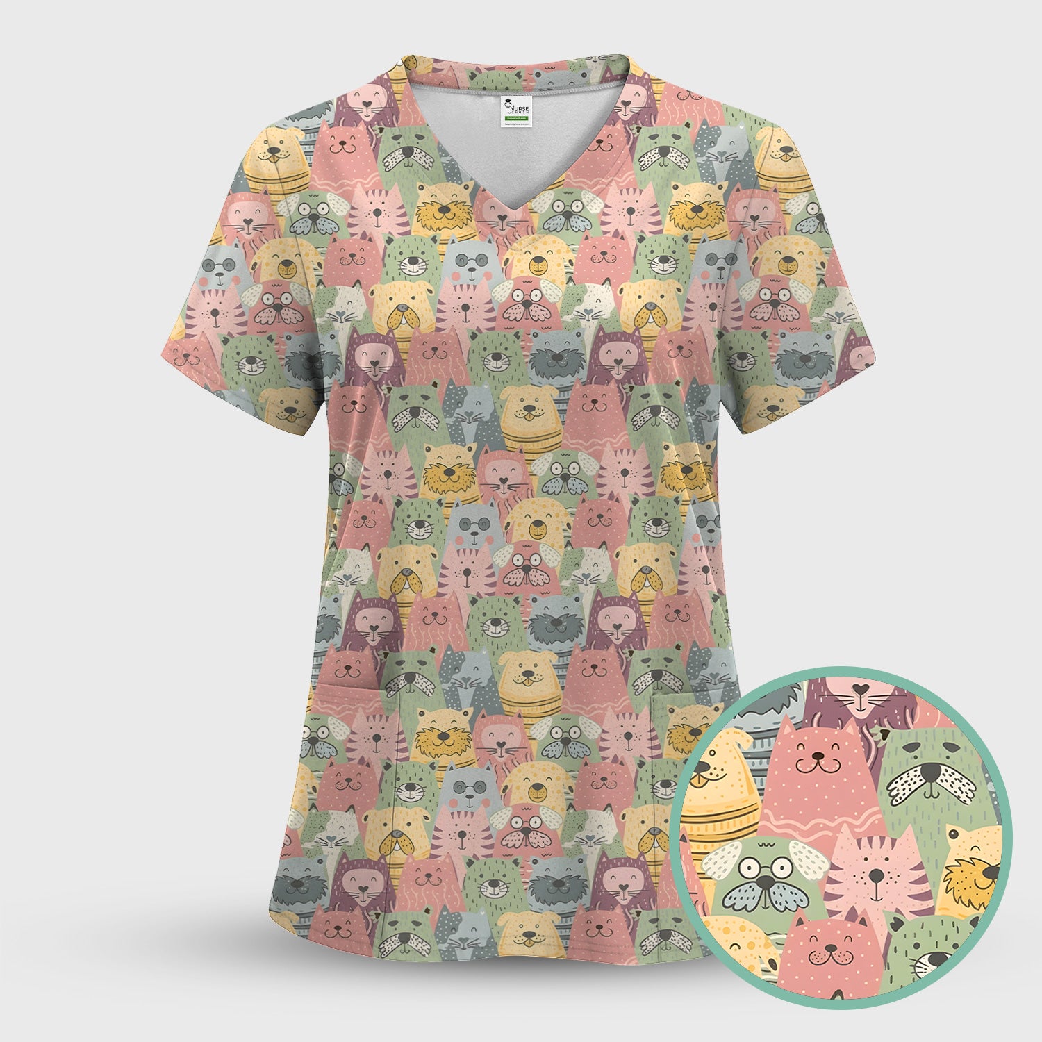Cartoon Cat & Dog Faces Pattern Scrub Top, Comfortable Scrubs for Nurses