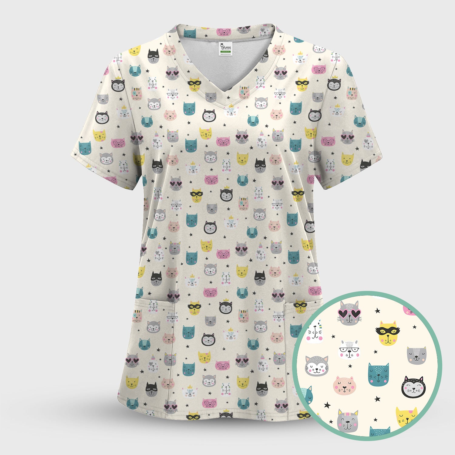 Cute Colorful Cat Pattern Scrub Top, Comfortable Scrubs for Nurses