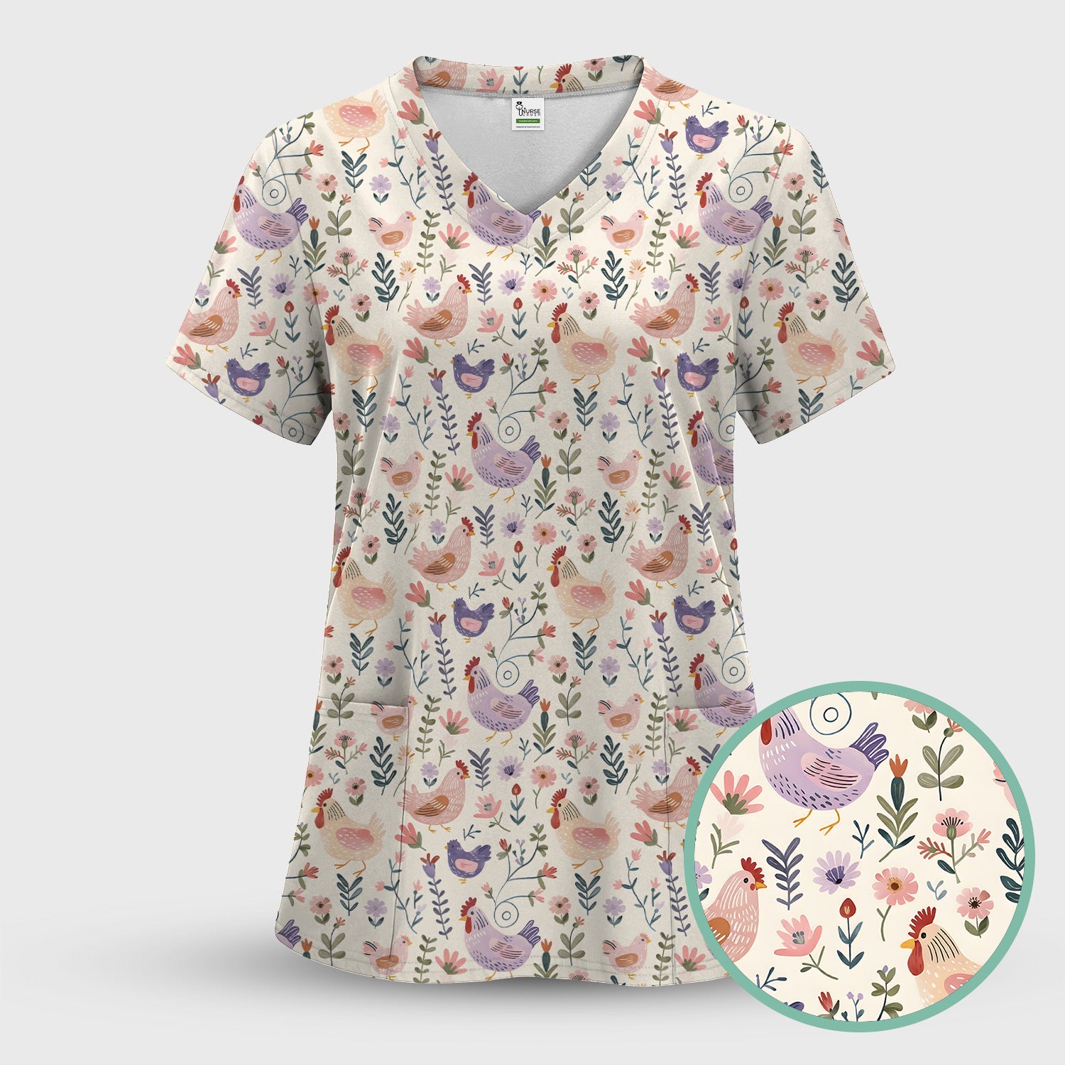 Cute Farm Chicken Floral Garden Pattern Scrub Top, Comfortable Scrubs for Nurses