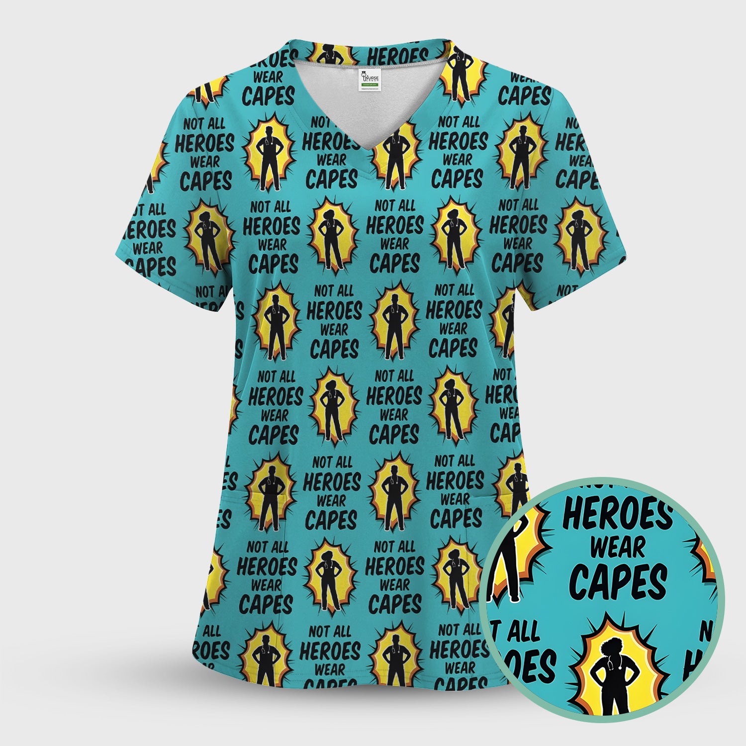 Not All Heroes Wear Capes Nurse Pattern Scrub Set, Scrub Pants and V Neck Top