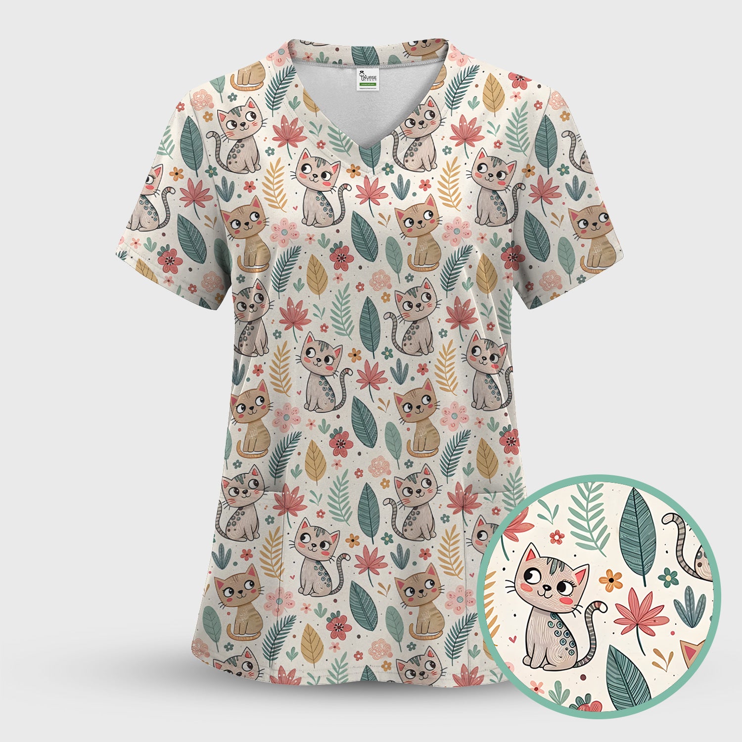 Cute Cartoon Cat Floral Leaf Pattern Scrub Top, Kawaii Kitty Nursing Uniform for Women