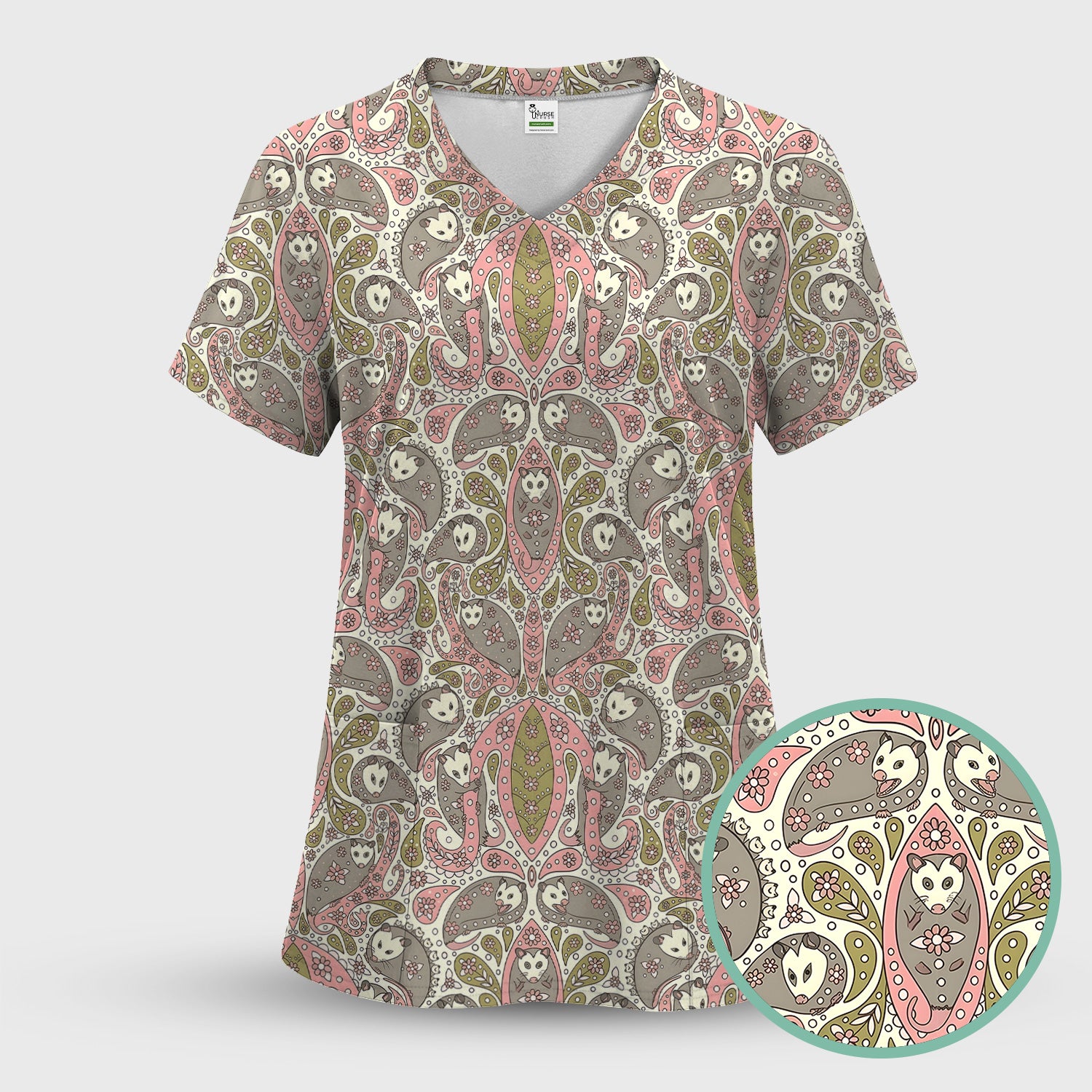 Opossum Paisley Pattern Scrub Top, Comfortable Scrubs for Nurses
