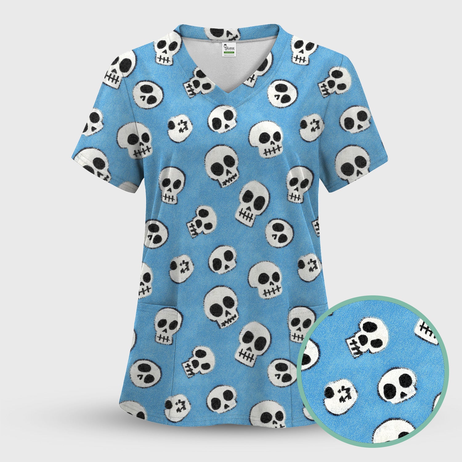 Blue Skull Halloween Pattern Scrub Set, Scrub Pants and V Neck Top