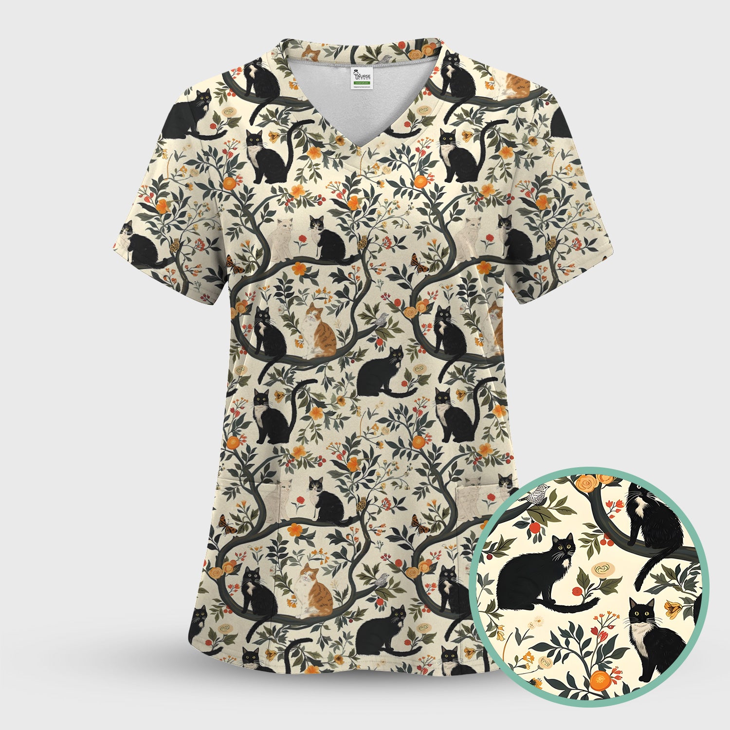 Vintage Black Cat Floral Pattern Scrub Set, Scrub Pants and V Neck Top