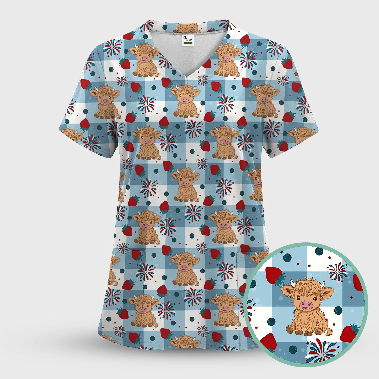 Highland Cow Strawberry Firework Gingham Pattern Scrub Top, Comfortable Scrubs for Nurses