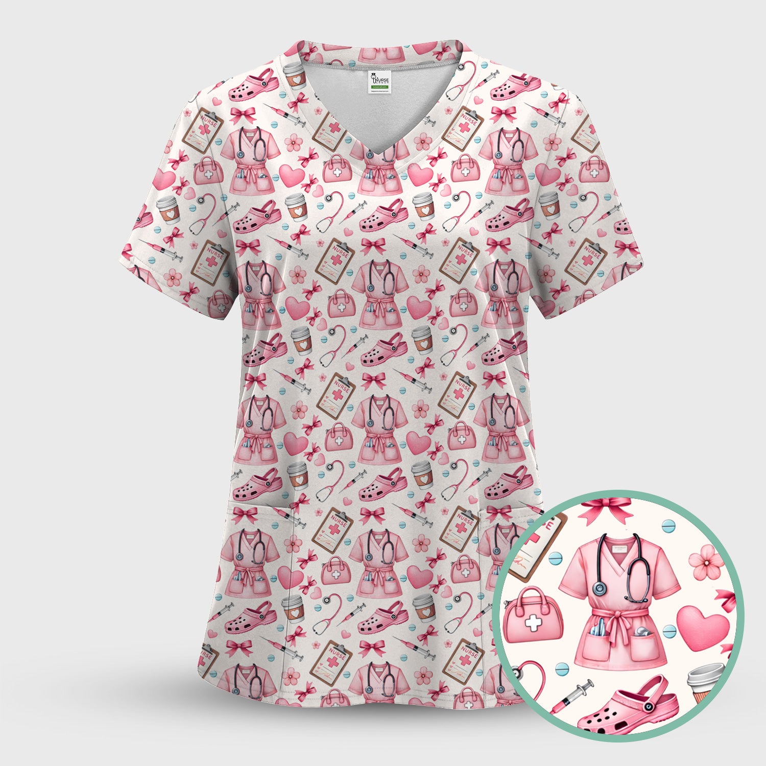 Valentine Pink Nurse Icons Print Scrub Top, Comfortable Scrubs for Nurses