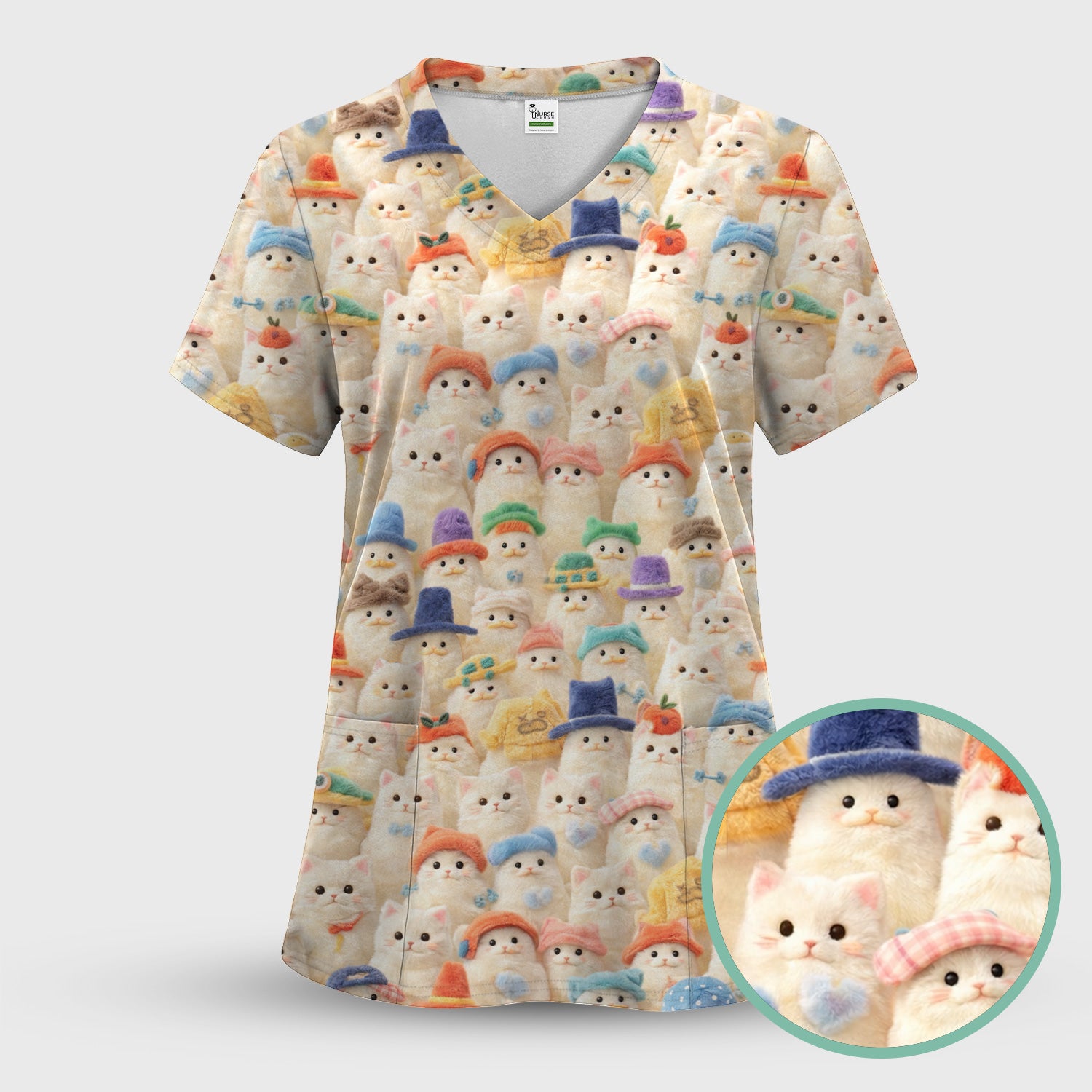 Adorable Cats Wearing Colorful Hats Pattern Scrubs Top, Comfortable Scrubs for Nurses