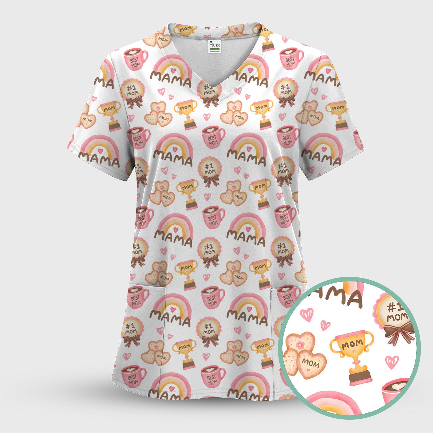 Sweet Nurse Mama Rainbow Trophy Heart Pattern Scrub Set, Scrub Pants and V Neck Top
