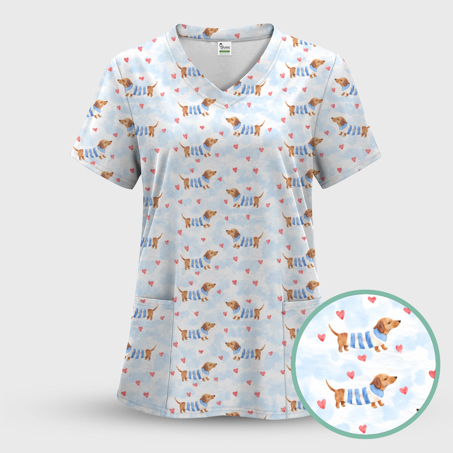 Sweet Dachshund And Pink Hearts Print Scrub Top, Comfortable Scrubs for Nurses