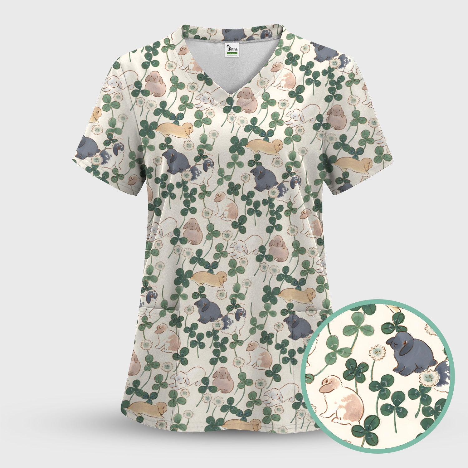 Cute Bunny Clover Garden Meadow Pattern Nurse Scrub Top, Comfortable Scrubs for Nurses