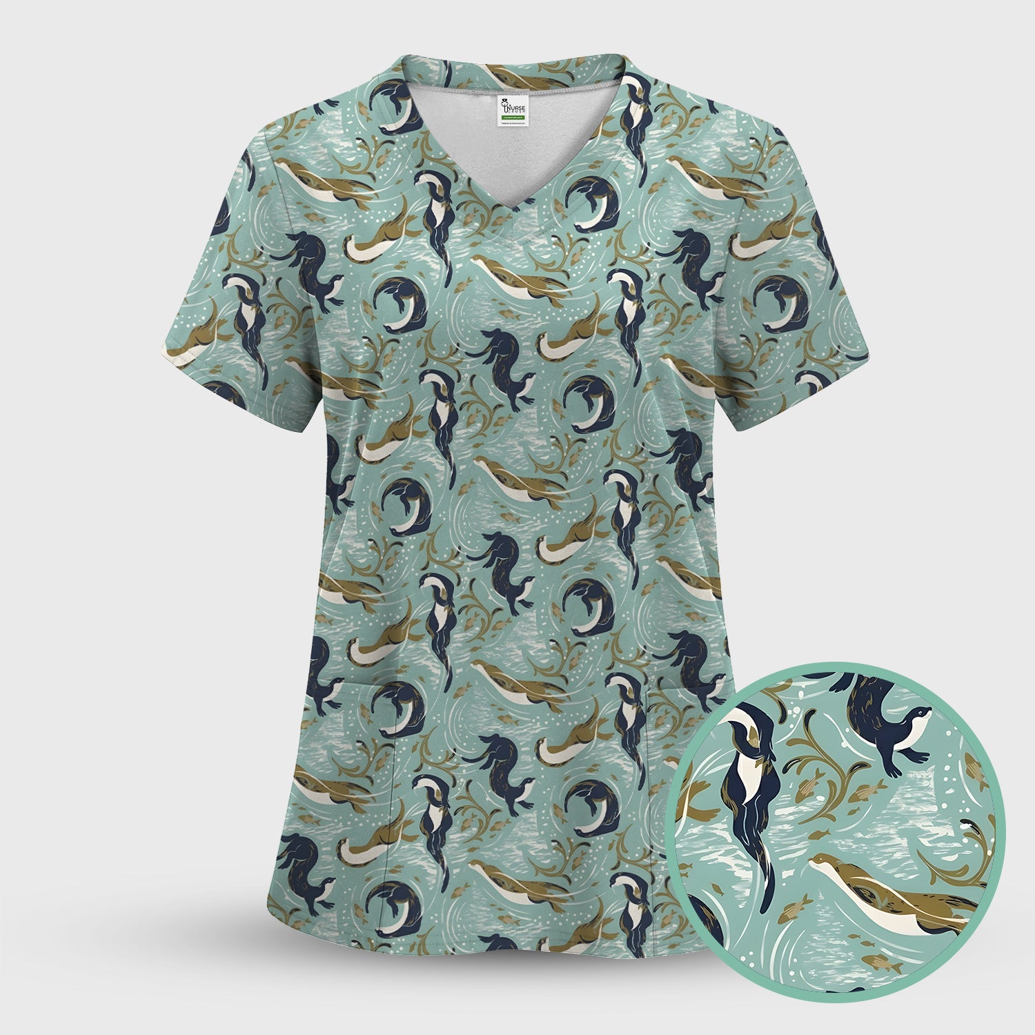 Sea Otter Ocean Wave Coastal Pattern Scrub Top, Comfortable Scrubs for Nurses