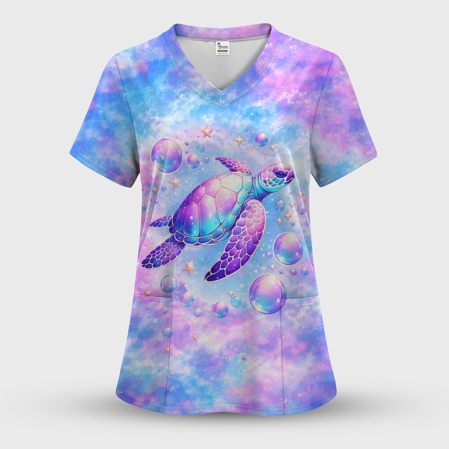 Pastel Galaxy Sea Turtle Bubble Art Scrub Top, Breathable Fabrics Nursing Uniform