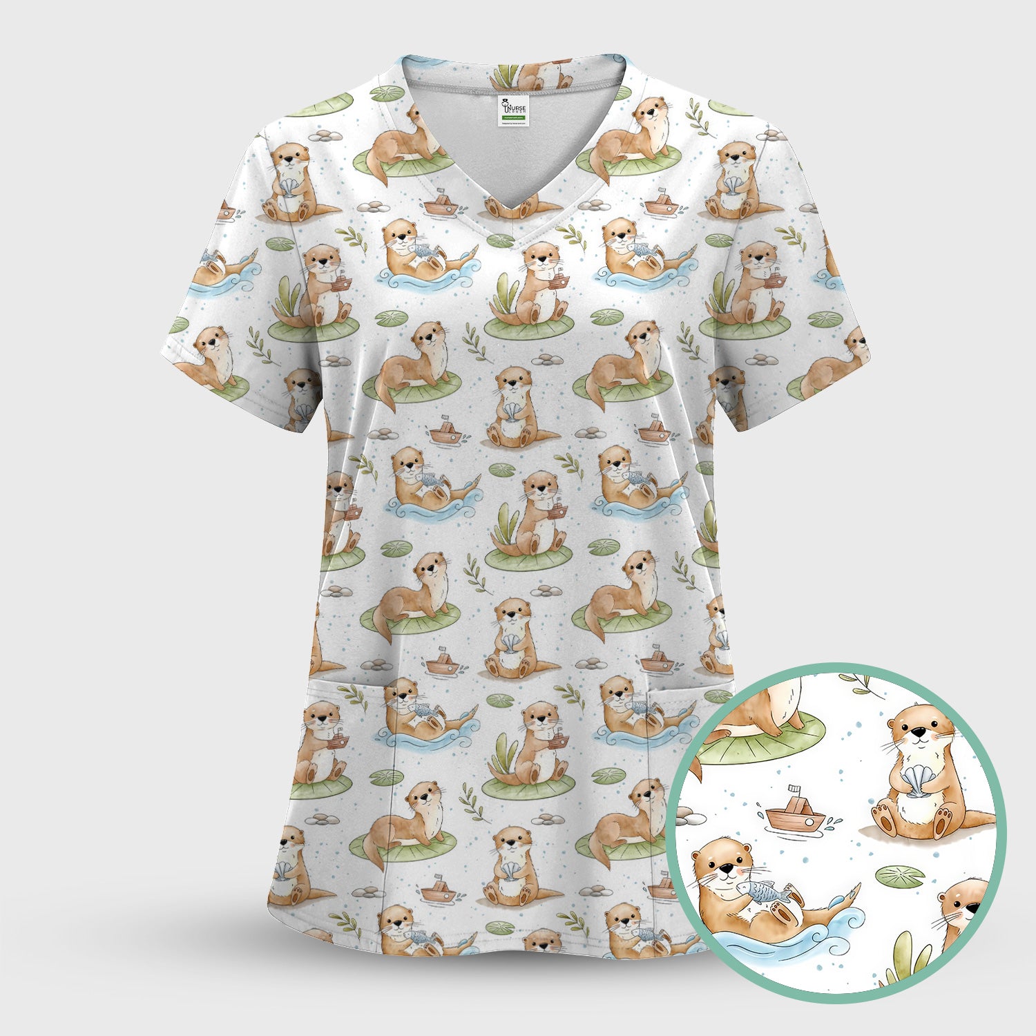 Cute Otter With Lily Pad Pattern Scrub Top, Comfortable Scrubs for Nurses