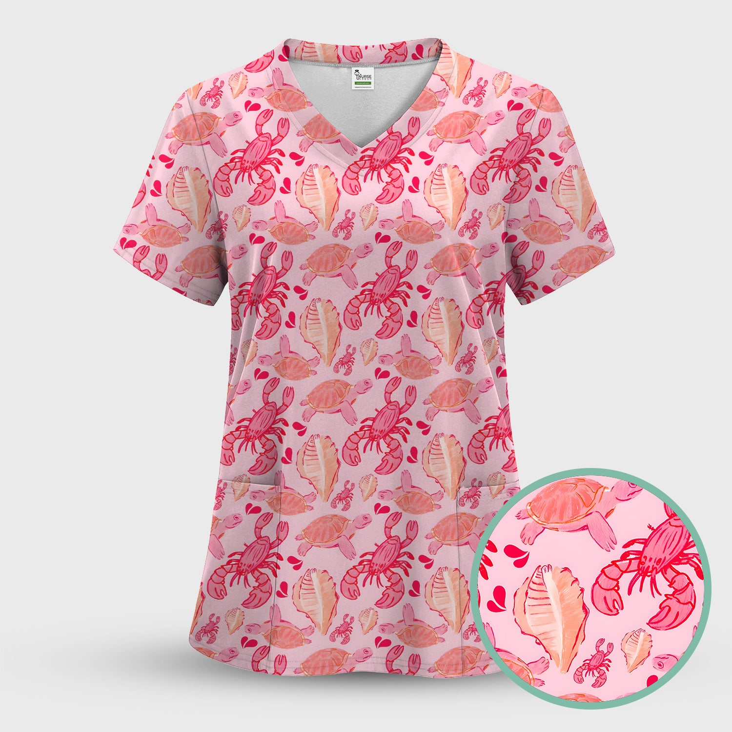 Pink Sea Turtle Lobster Shell Pattern Scrub Top, Coastal Ocean Nursing Uniform for Women