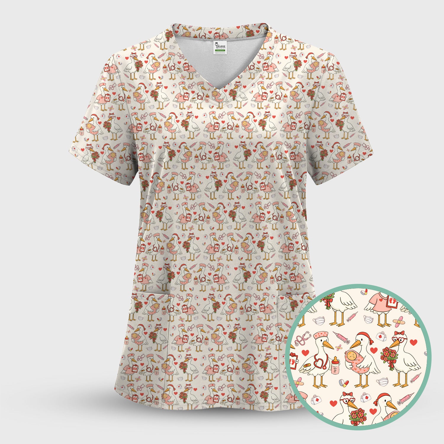 Cute Goose Nurse Valentine Print Scrub Set, Breathable Med Uniform