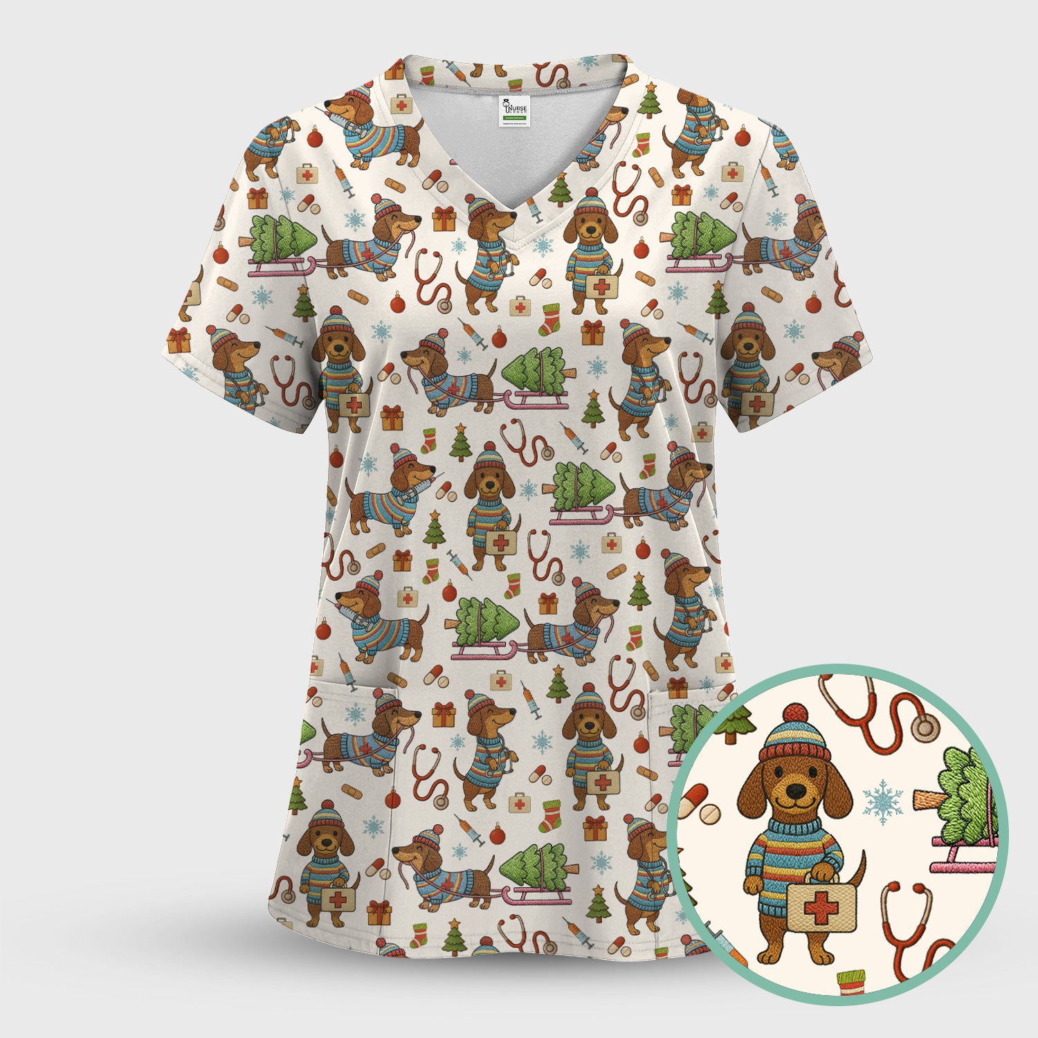 Dachshund Dog Scrub Set For Nurse, Funny Wiener Dog Lover Gift, Cute Dog 3D Knit Pattern Shirt