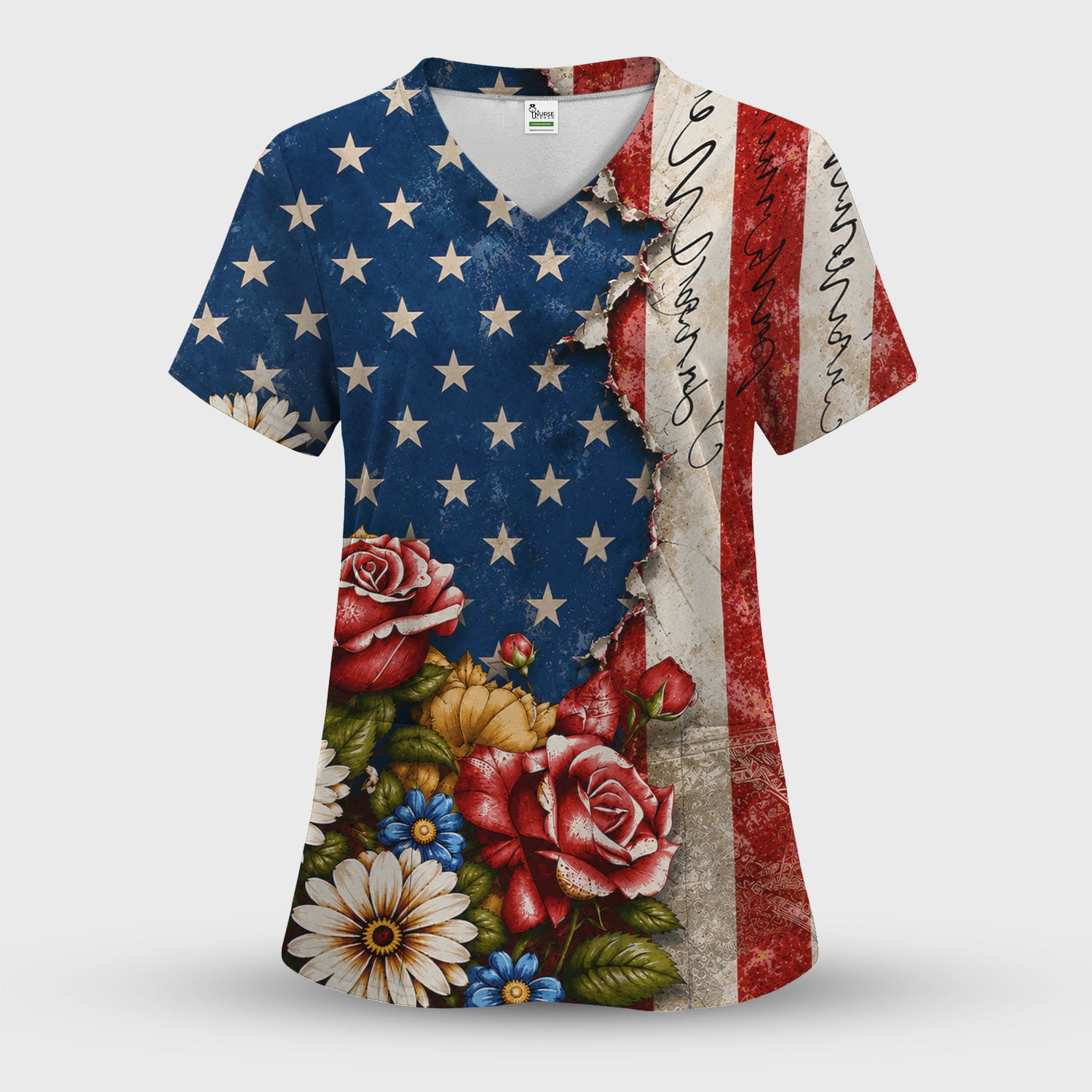 American Flag Vintage Rose Floral Pattern Scrub Set, Scrub Pants and V Neck Top