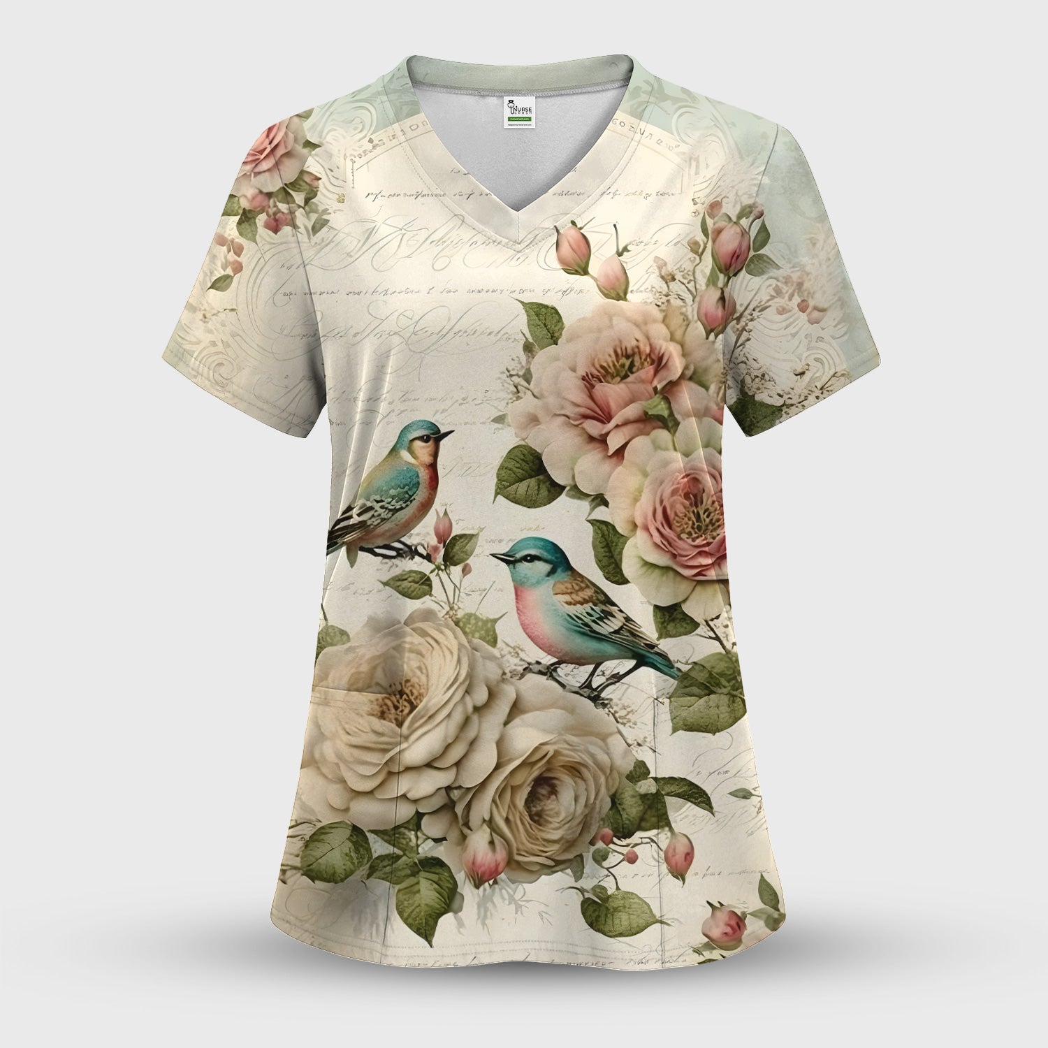 Vintage Birds Rose Pattern Scrub Top, Comfortable Scrubs for Nurses
