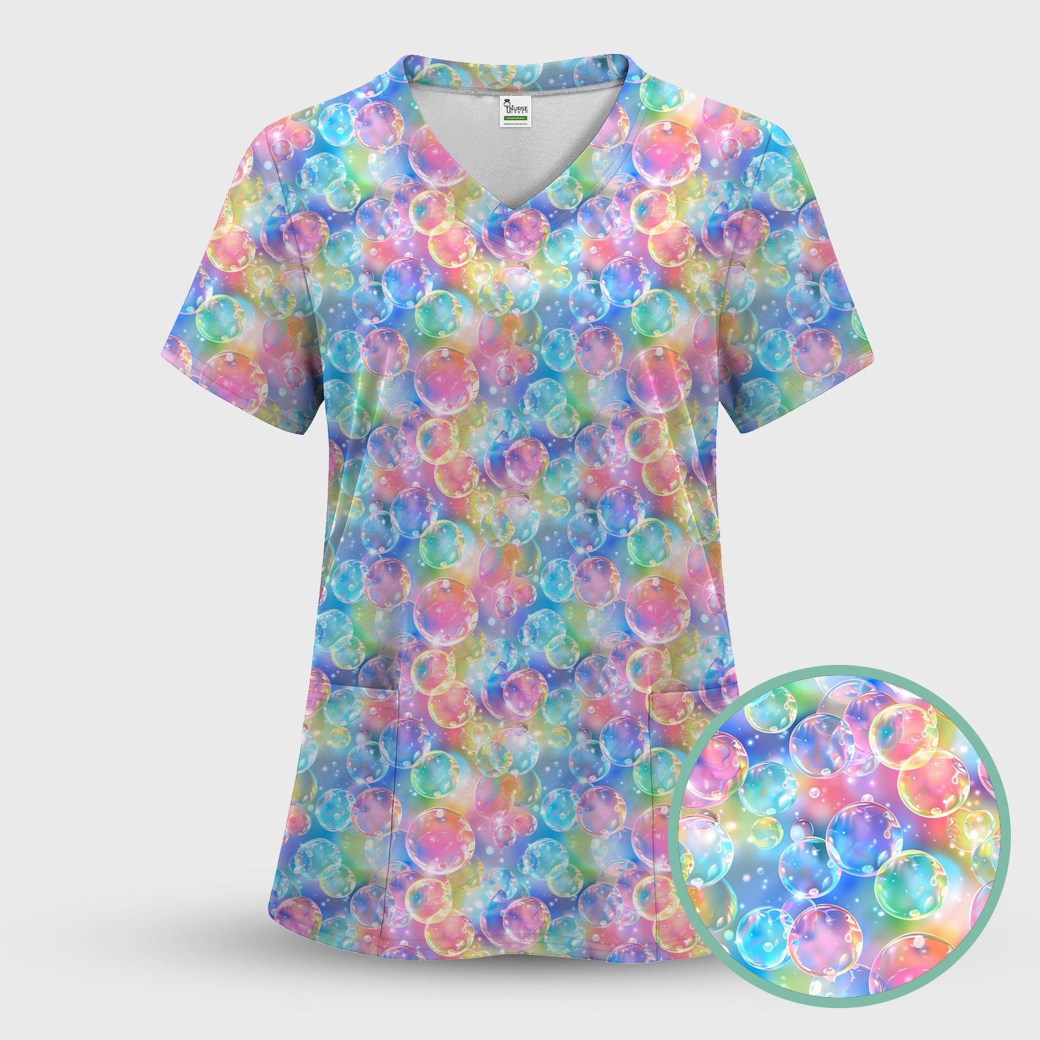 Colorful Floating Soap Bubble Pattern Scrub Top, Breathable Fabrics Nursing Uniform