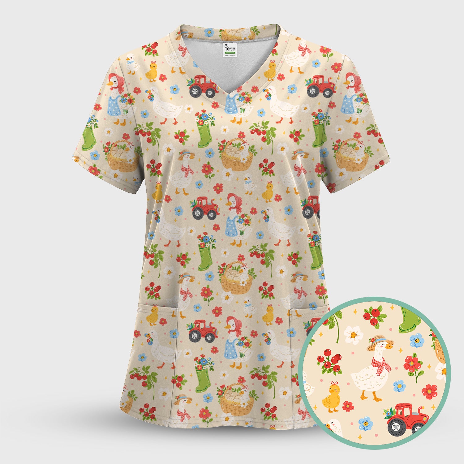 Farm Duck Chicken Tractor Flower Basket Scrub Top, Breathable Fabrics Nursing Uniform