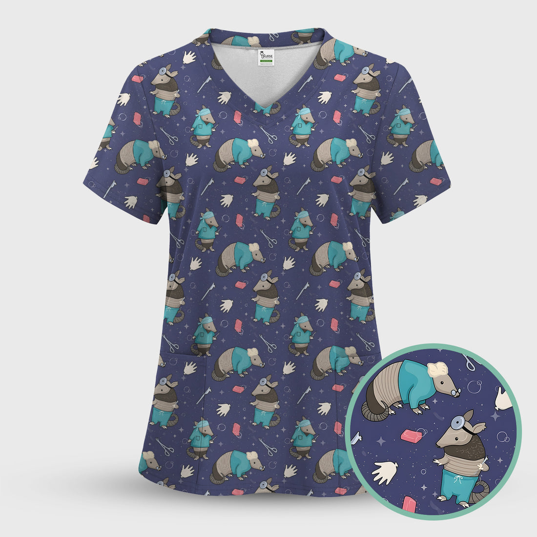 Armadillo Doctor Medical Tools Pattern Scrub Set, Scrub Pants and V Neck Top