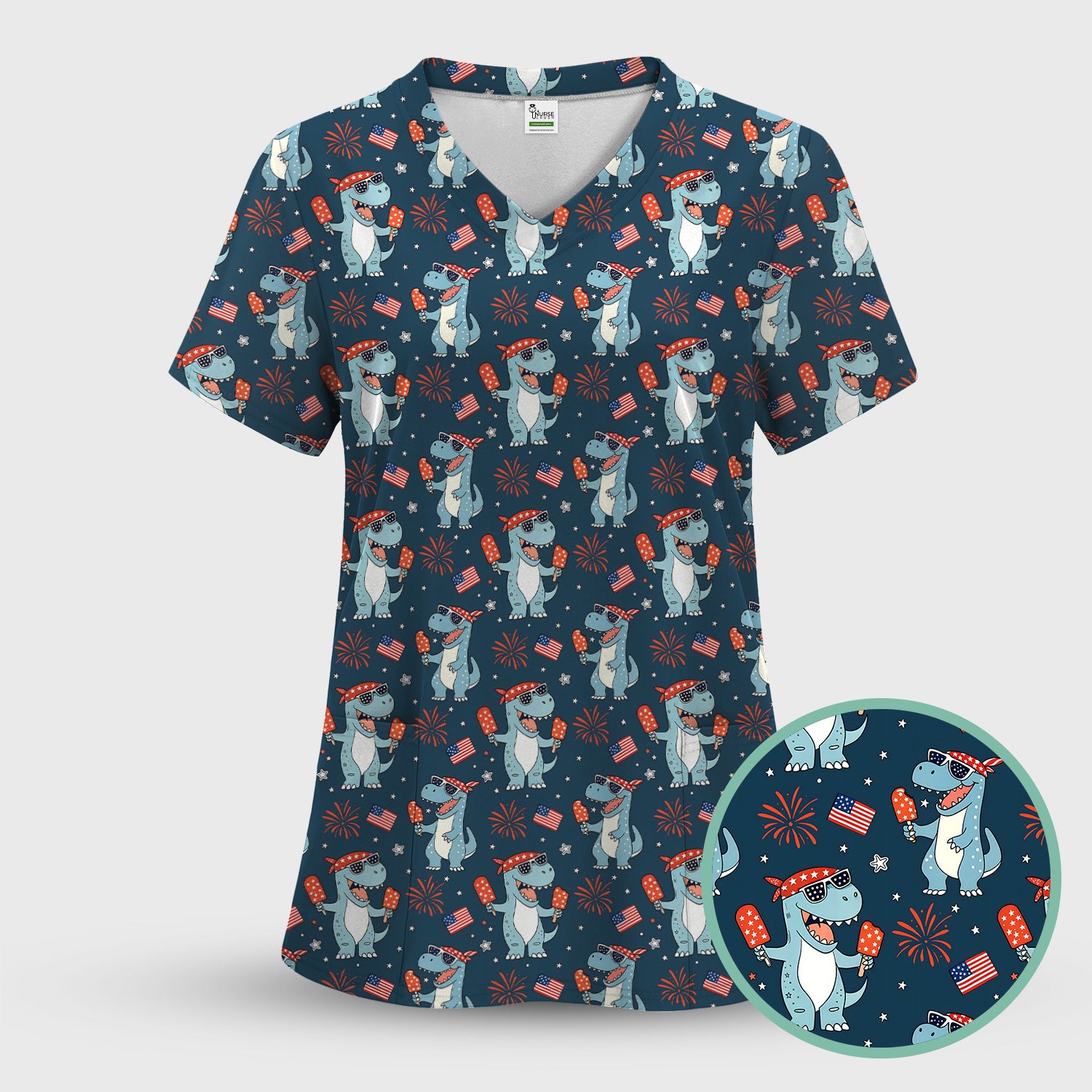 Dinosaur With Flag American Pattern Scrub Set, Scrub Pants and V Neck Top