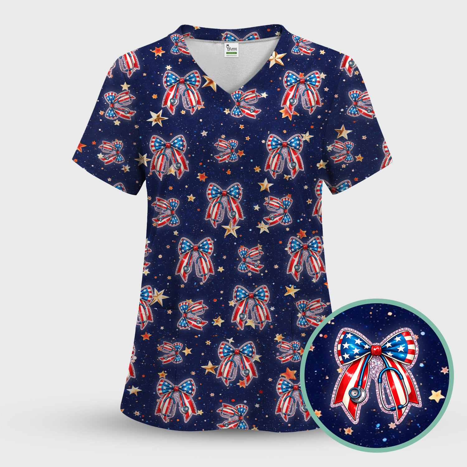 Patriotic Bow Star Print Women's Scrub Set, Breathable Med Uniform