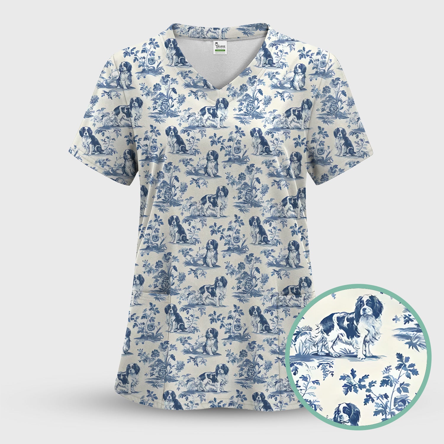 Dog Pattern Toile De Jouy Scrub Top, Vintage Dog Print Nurse Scrub Shirt, Cute Vet Tech Uniform