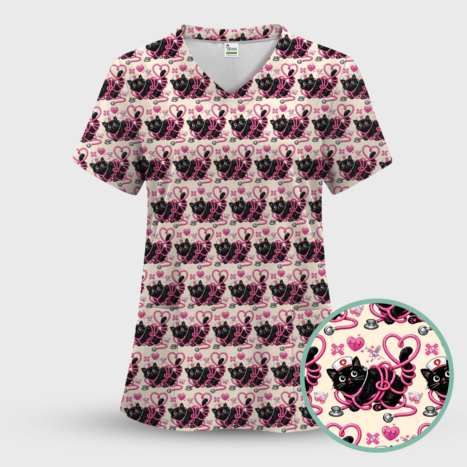 Valentine Cute Cat Nurse Heart Print Scrub Top, Comfortable Scrubs for Nurses