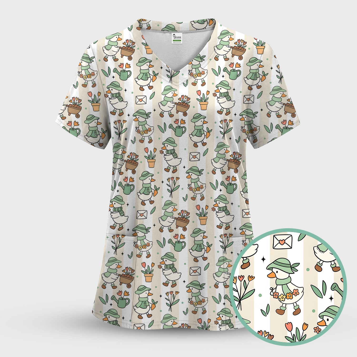 Cute Gardening Duck Floral Pattern Scrub Top, Comfortable Scrubs for Nurses