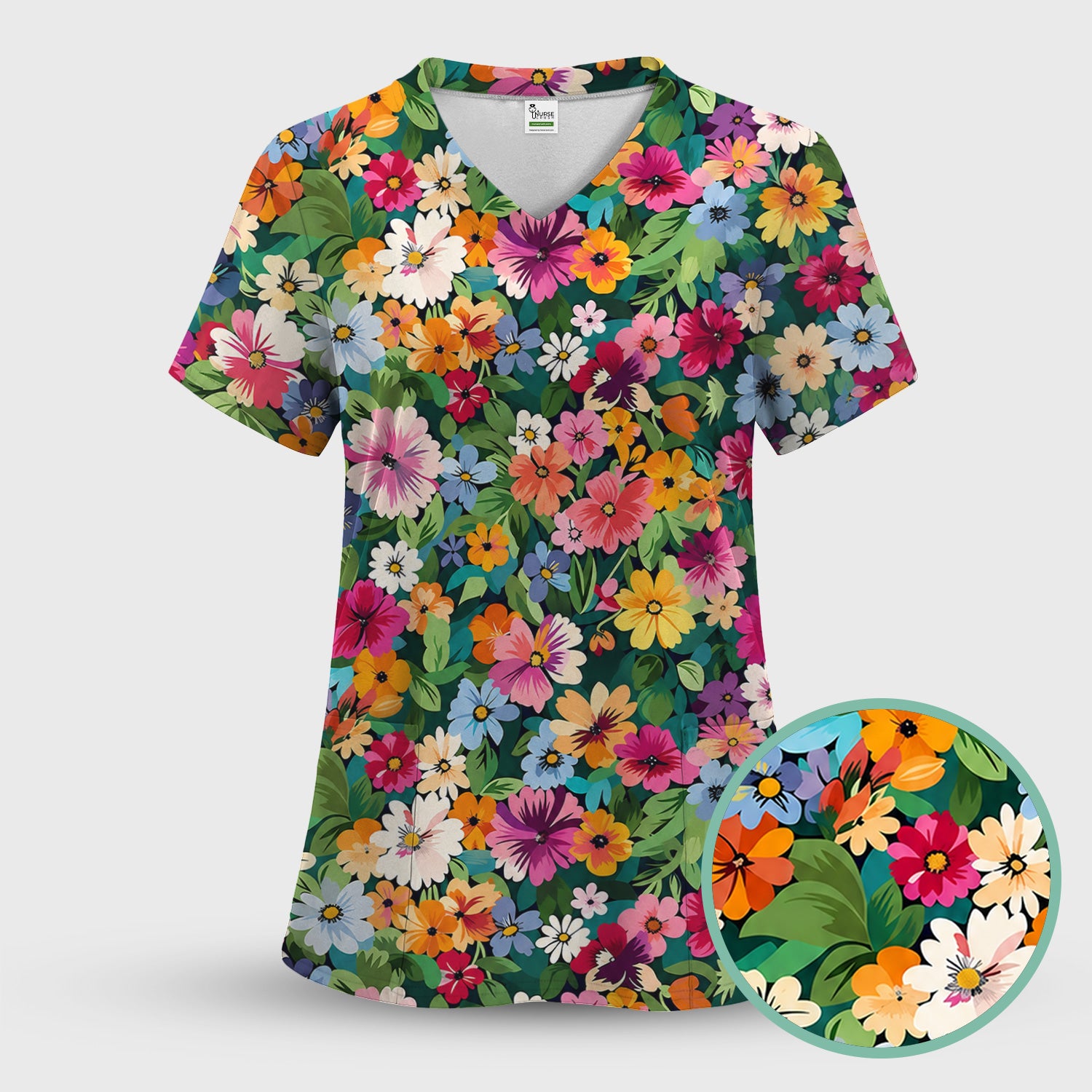 Colorful Wildflower Garden Pattern Scrub Top, Comfortable Scrubs for Nurses
