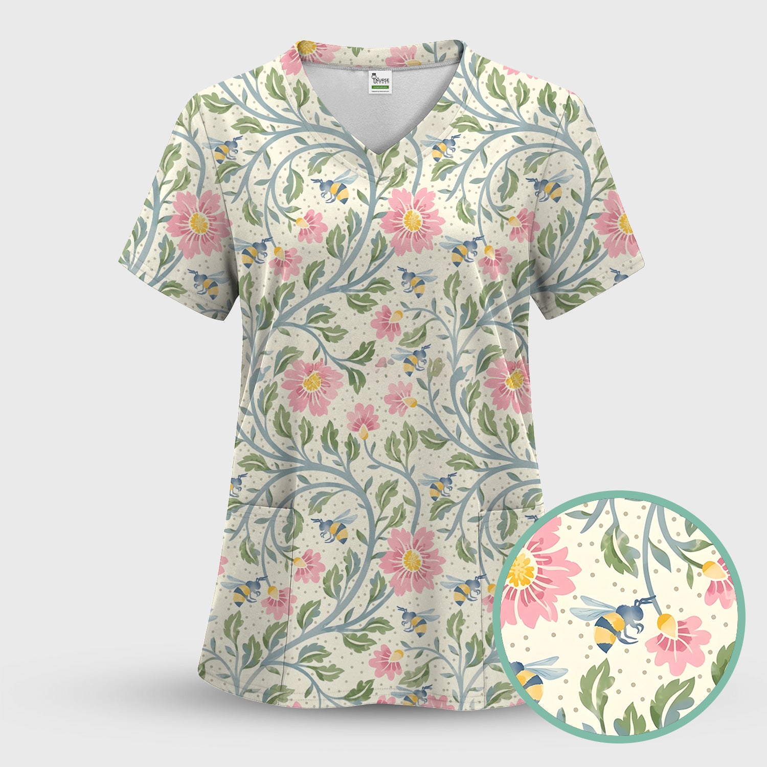 Cute Floral Bee Garden Nurse Pattern Scrub Top, Comfortable Scrubs for Nurses