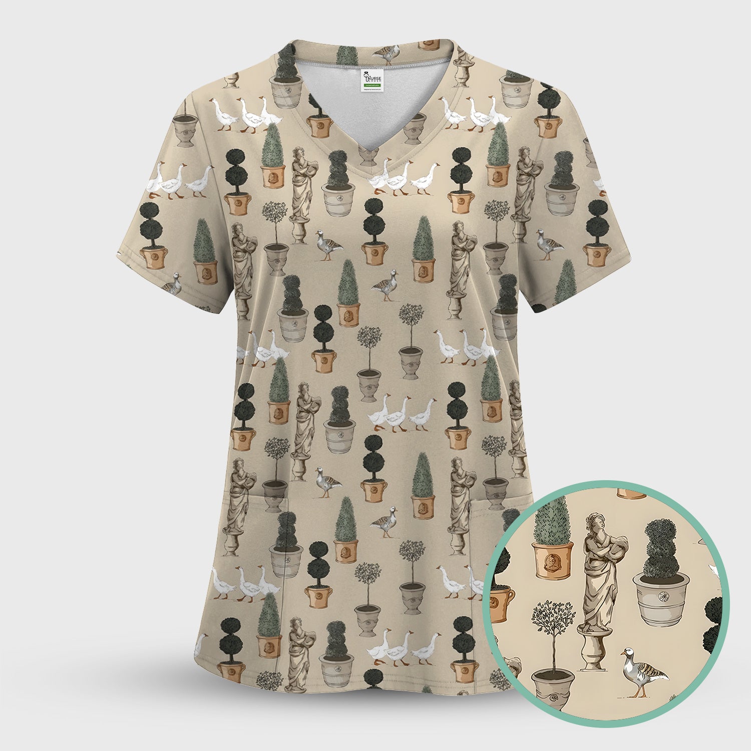 Vintage Garden Statue Topiary Goose Bird Pattern Scrub Top, Comfortable Scrubs for Nurses