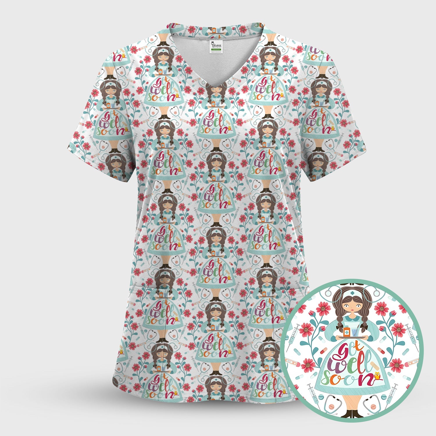 Get Well Soon Girl Floral Caring Pattern Scrub Set, Scrub Pants and V Neck Top