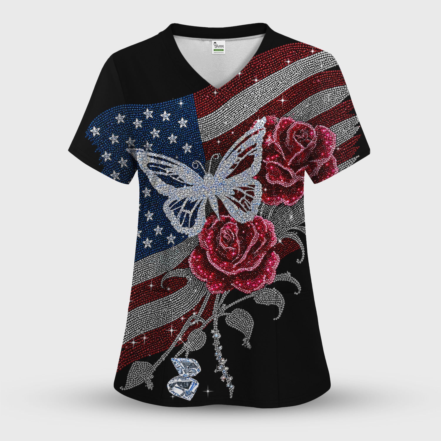 Patriotic Butterfly Rose Flag Print Scrub Set, Scrub Pants and V Neck Top