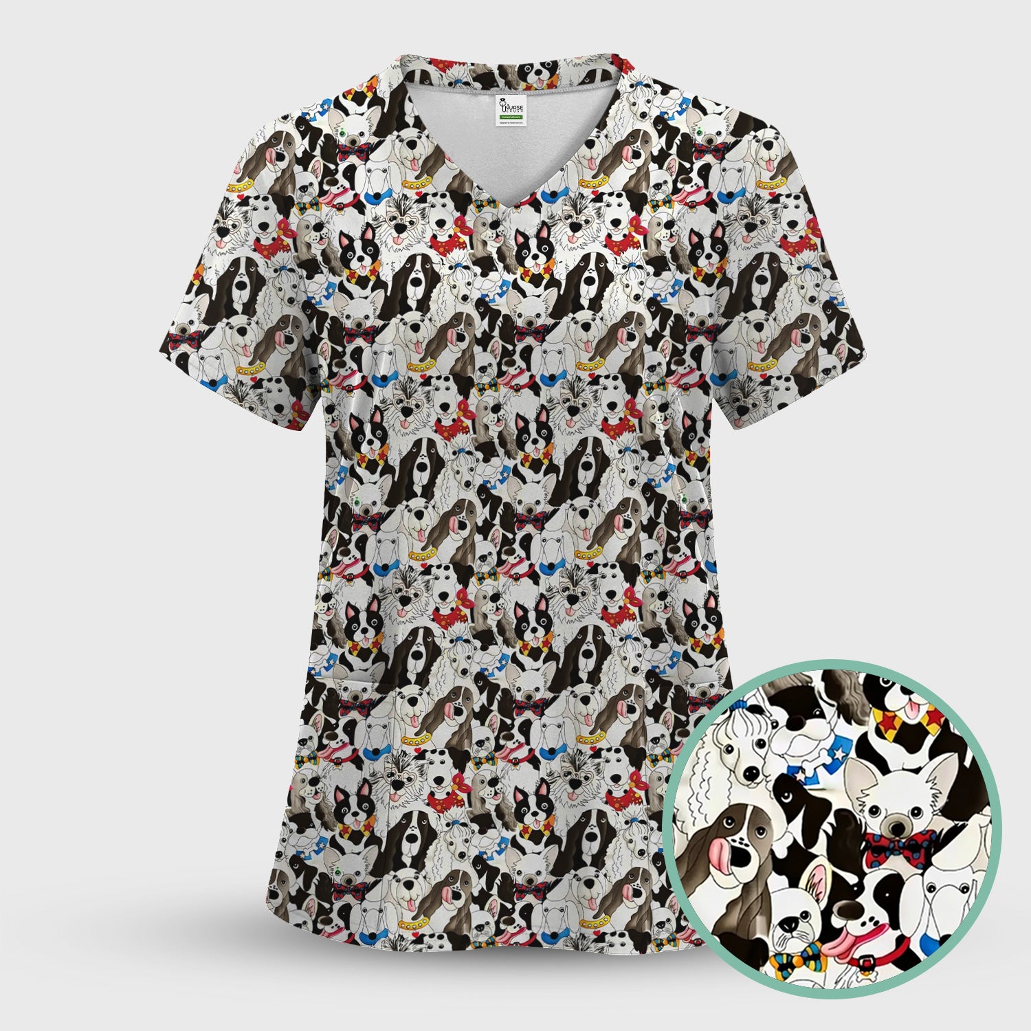 Cute Dog Cartoon All Over Print Scrub Top, Breathable Fabrics Nursing Uniform
