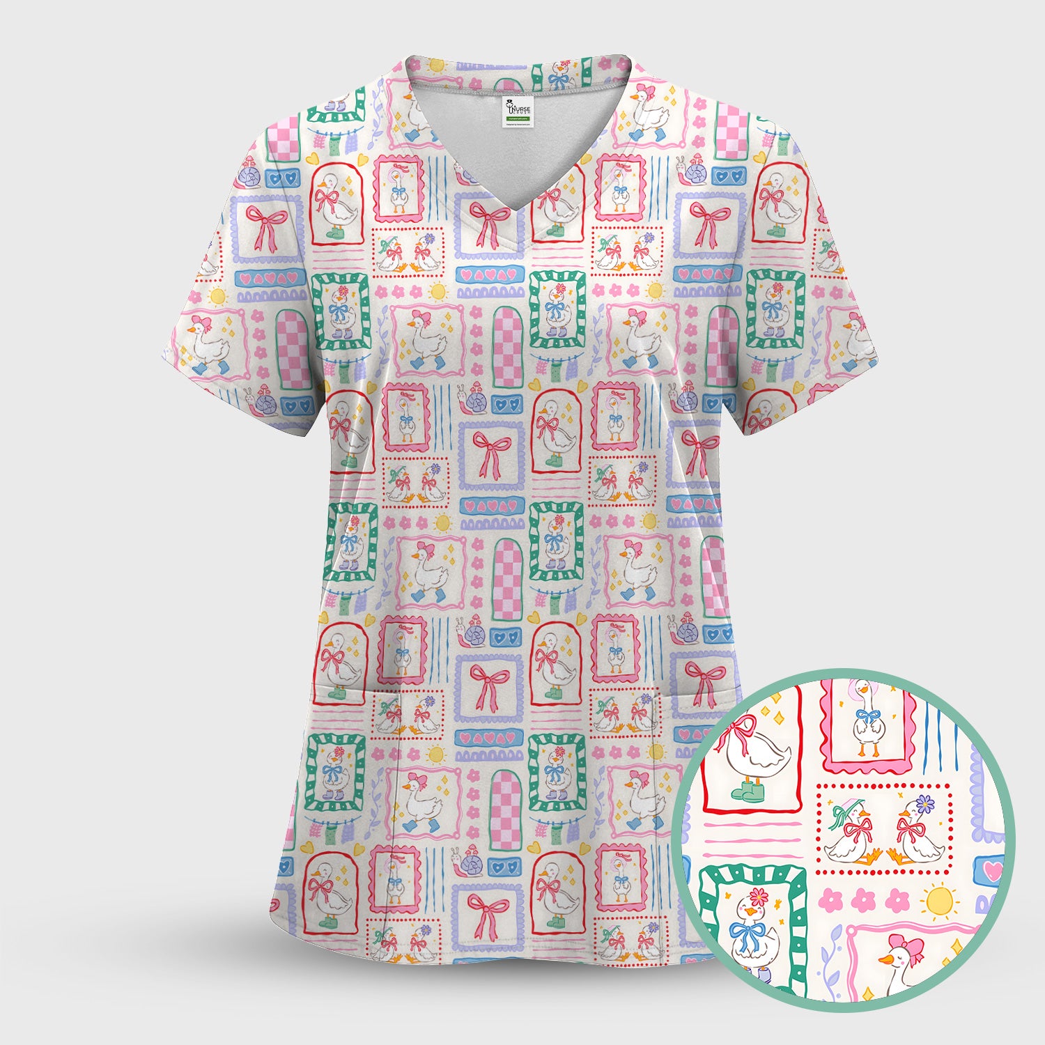 Adorable Nurse Goose Ribbon Patchwork Frame Pattern Scrub Top, Comfortable Scrubs for Nurses