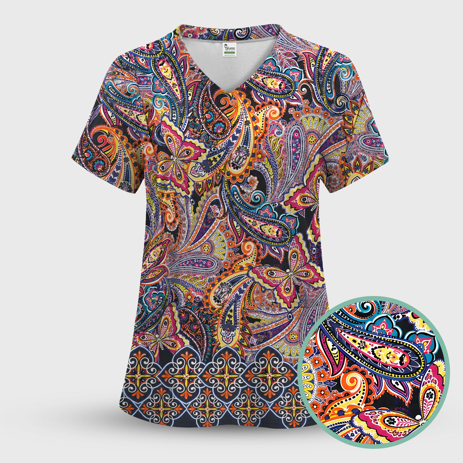 Colorful Bohemian Paisley Floral Pattern Scrub Top, Comfortable Scrubs for Nurses