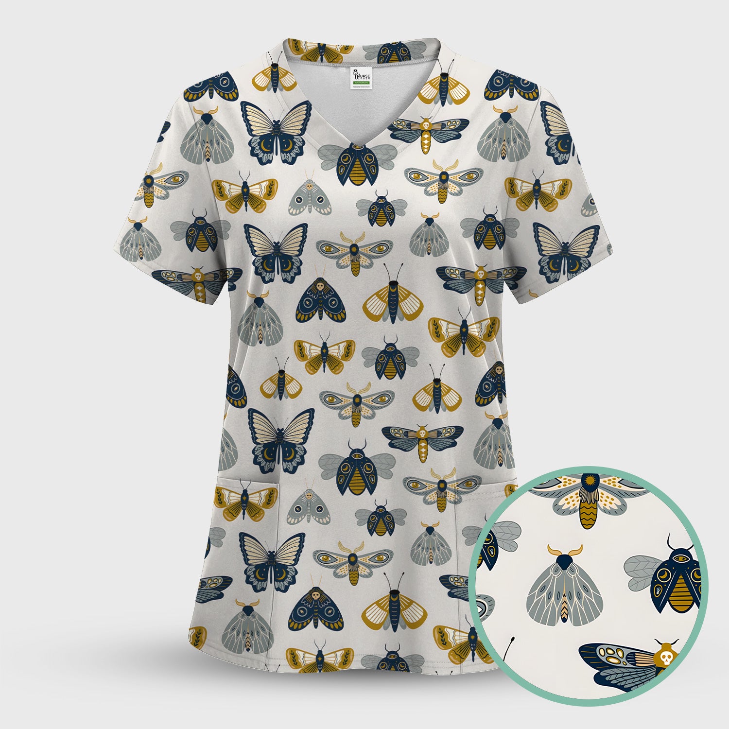 Cute Butterfly Moth Insect Pattern Scrub Set, Scrub Pants and V Neck Top