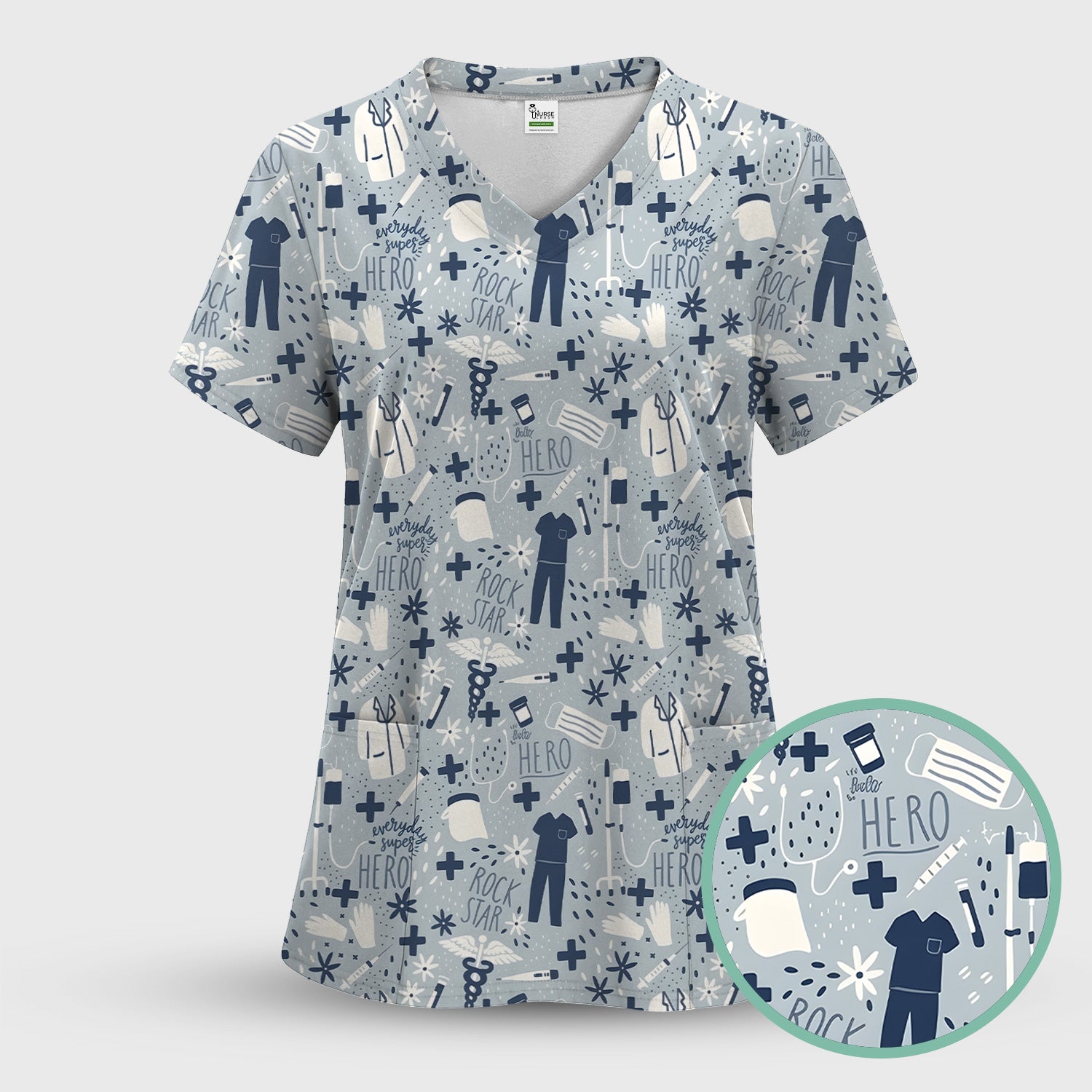 Inspirational Healthcare Hero Medical Tools Nurse Pattern Scrub Set, Scrub Pants and V Neck Top