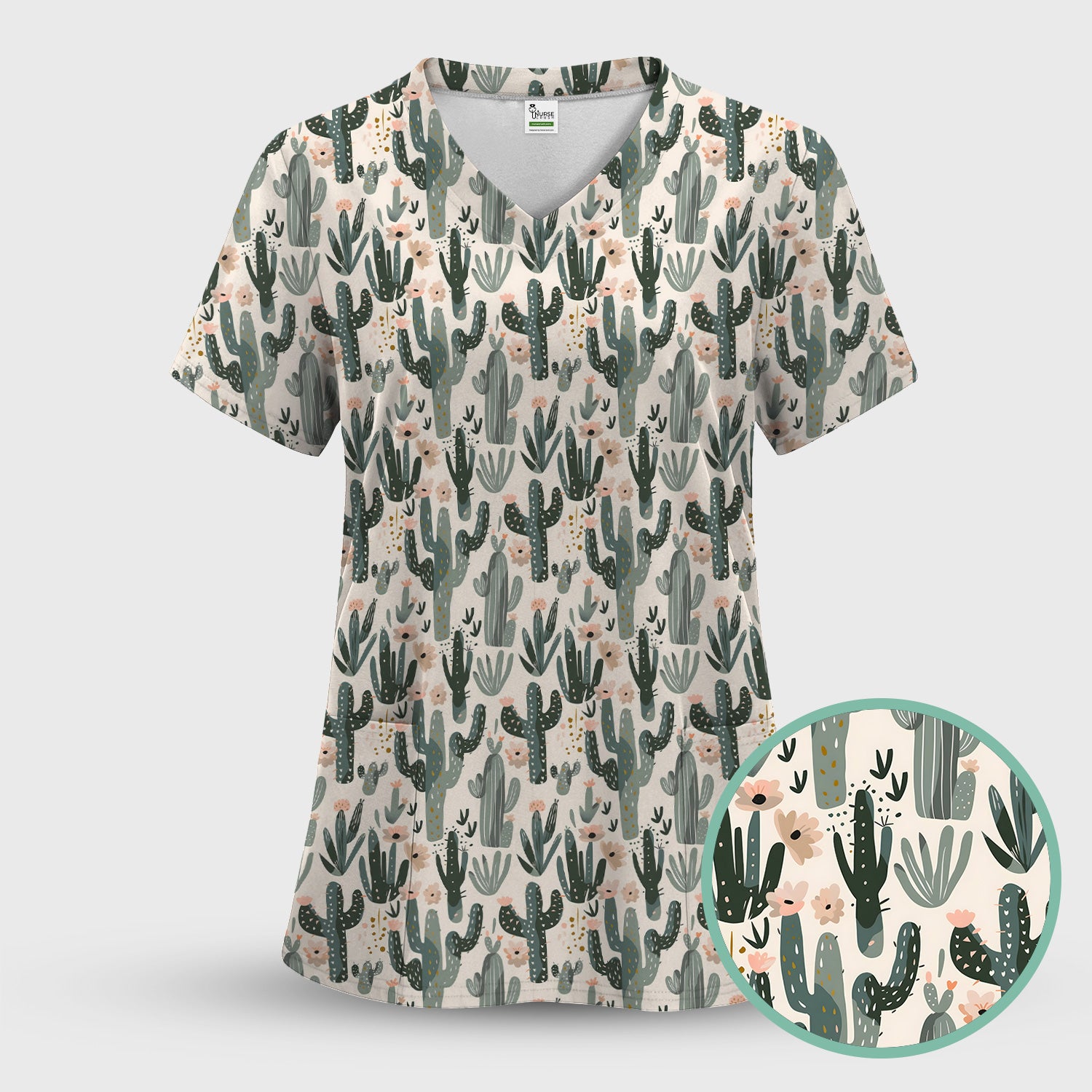 Green Cactus Desert Blossom Pattern Scrub Set, Scrub Pants and V Neck Top