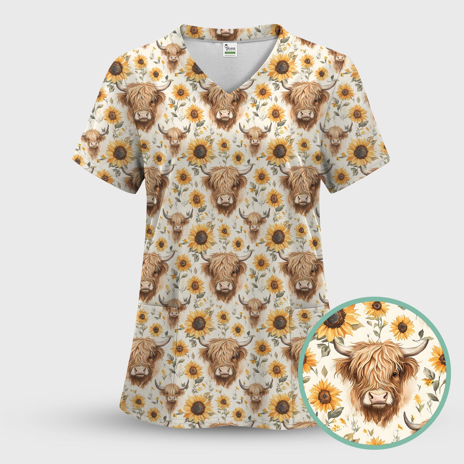 Highland Cow Sunflower Scrub Top, Rustic Farmhouse Nursing Uniform