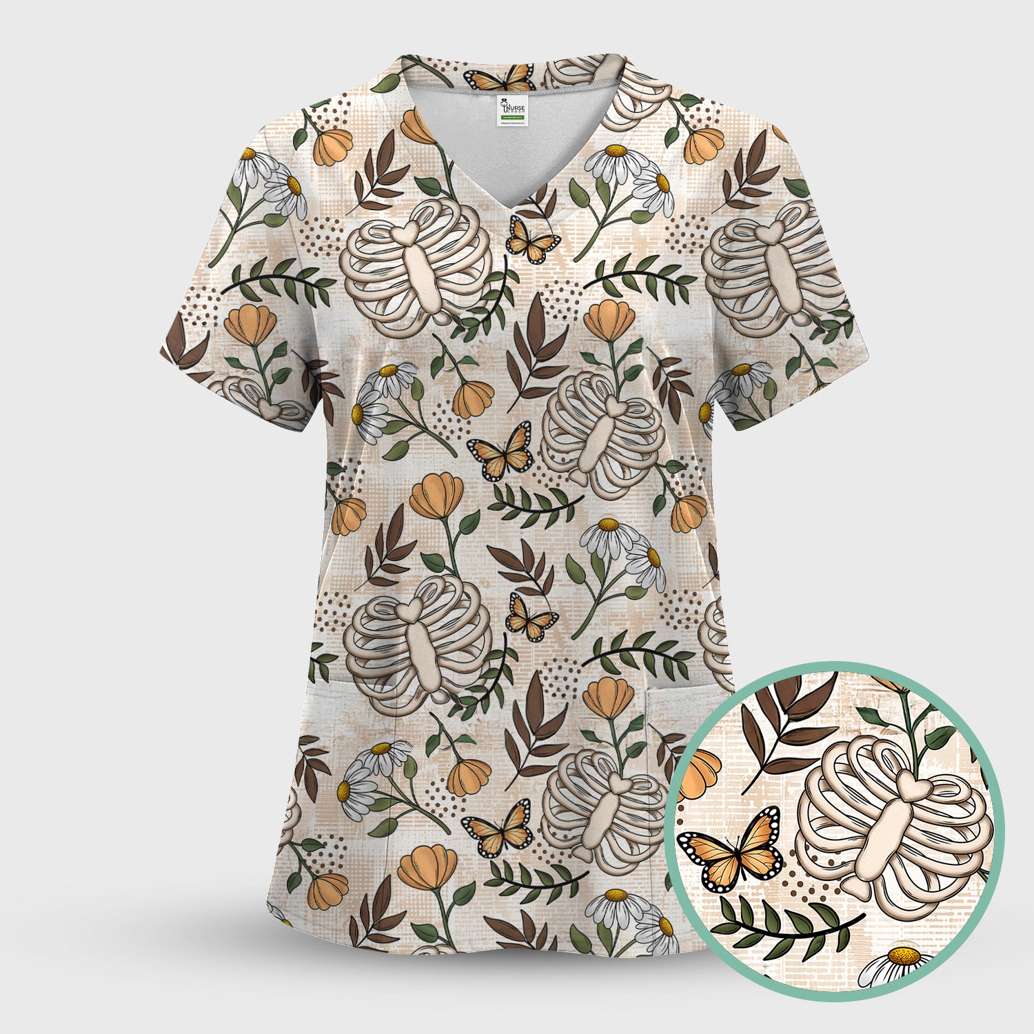 Skeleton Ribcage With Daisy And Butterfly Floral Scrub Top, Breathable Fabrics Nursing Uniform