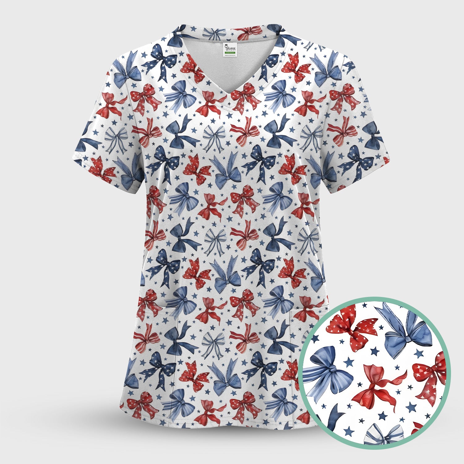 Patriotic Red Blue Ribbon Pattern Scrub Set, Scrub Pants and V Neck Top